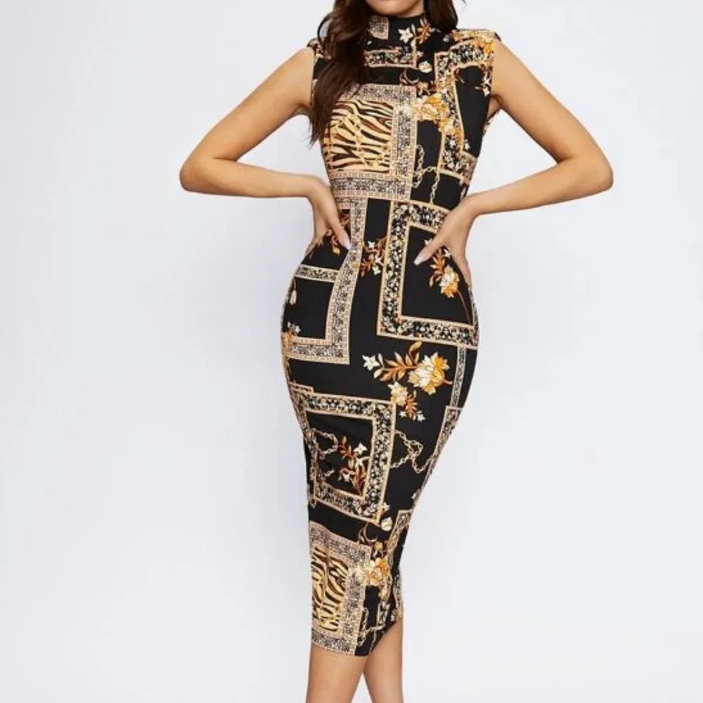 Black and Gold Mock Neck Bodycon Dress in M - Picture 1 of 3